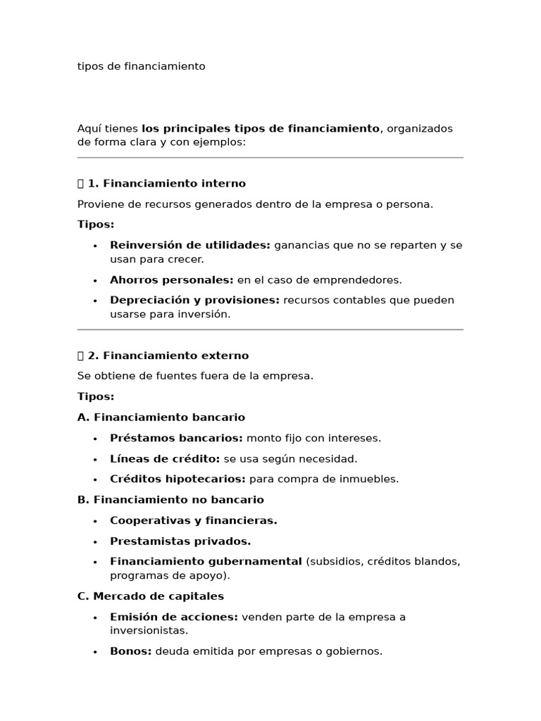 Tipos de Financiamiento: Guía Completa | PDF | Capital de riesgo ...