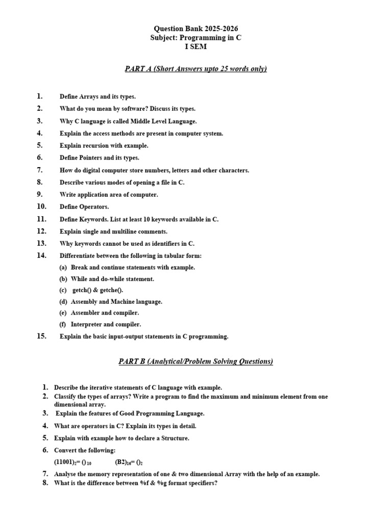 Question Bank 2025-26 (Cprogramming) PDF | PDF | Computer Program ...