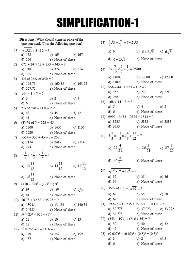 Math Problem Set with Multiple Choices | PDF