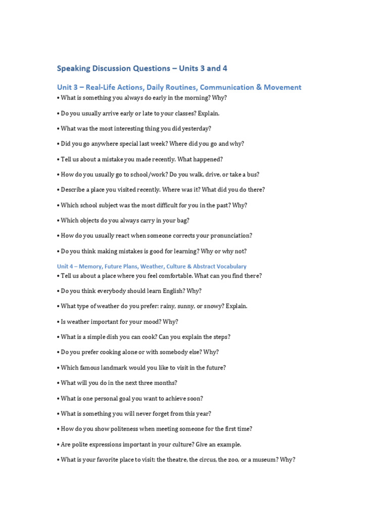 Speaking Questions for Units 3 & 4 | PDF