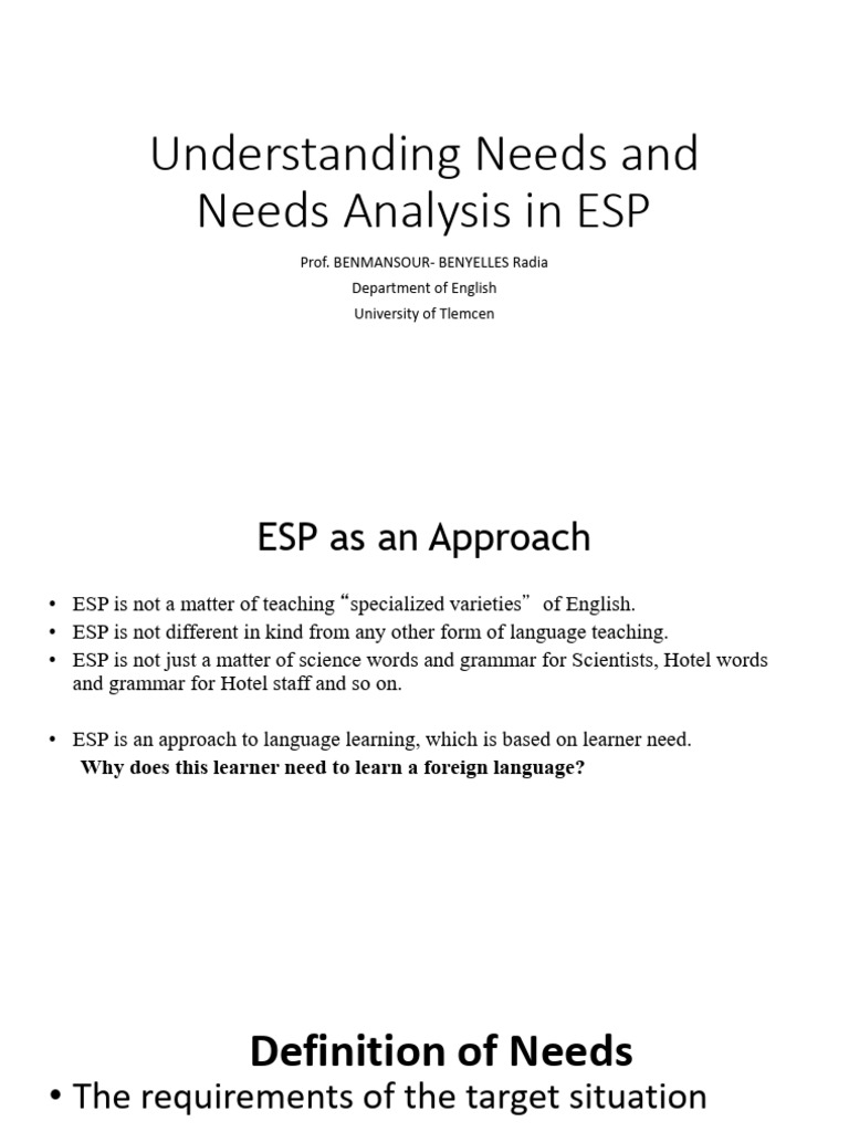 ESP Needs Analysis Framework Explained | PDF | Learning | Expert
