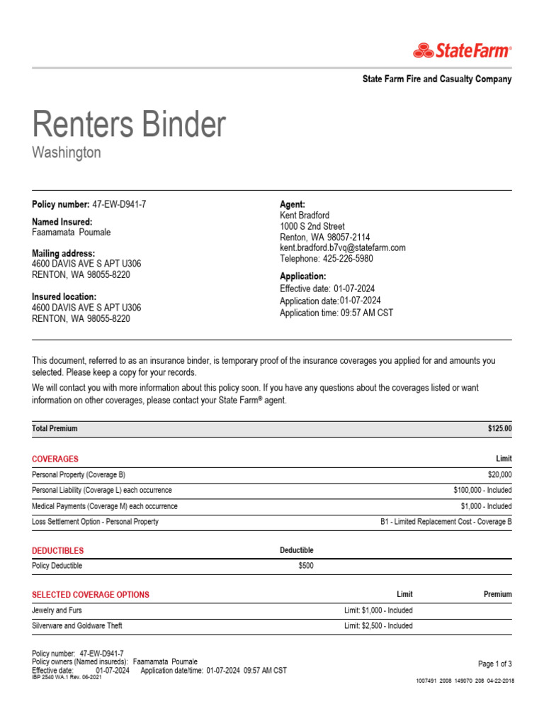 Renters Insurance Binder for Faamamata Poumale | PDF | Insurance ...