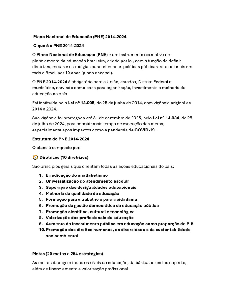 PNE 2014-2024: Diretrizes e Metas Educacionais | PDF