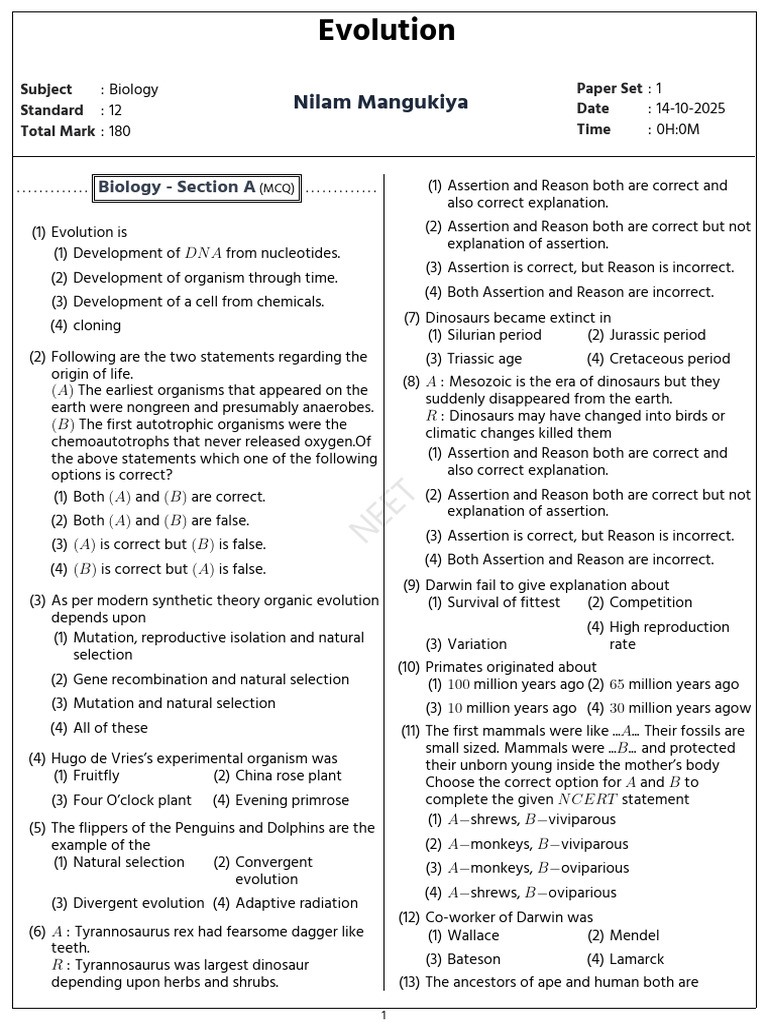 NEET Biology Evolution MCQ Paper 1 | PDF | Homo | Natural Selection