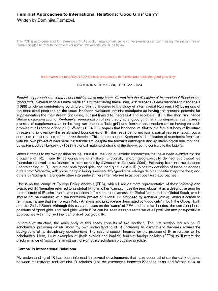 Feminist Perspectives in International Relations | PDF | Feminism ...