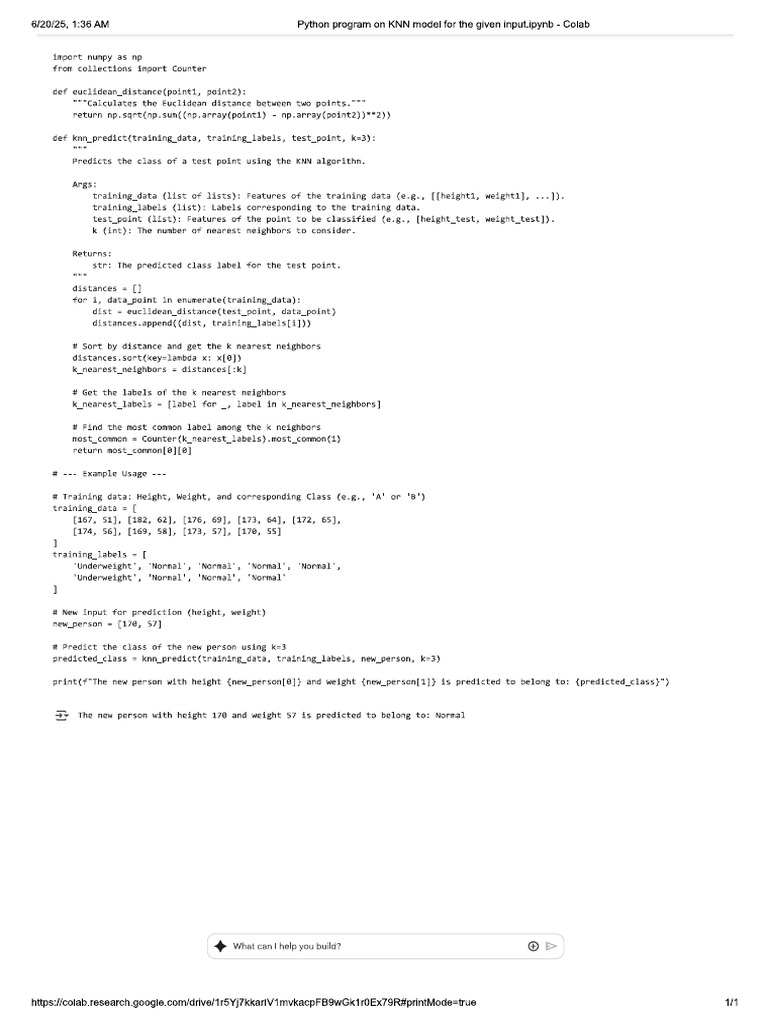 Python Program on KNN Model for the Given Input.ipynb - Colab | PDF