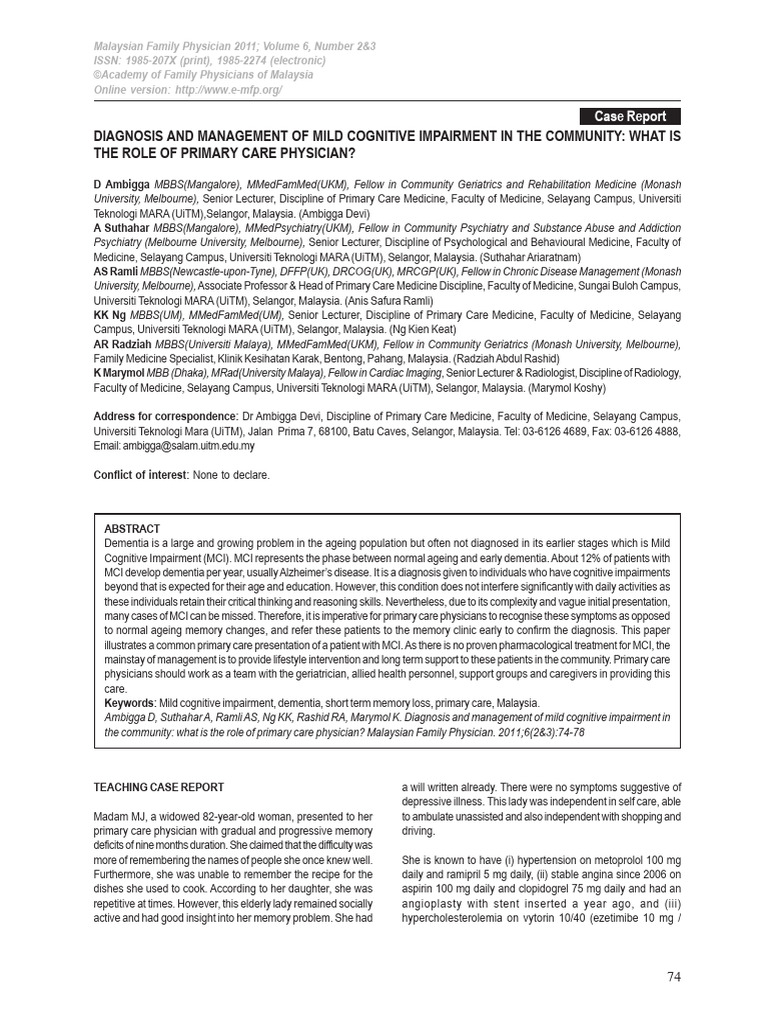 Managing Mild Cognitive Impairment in Primary Care | PDF | Dementia ...