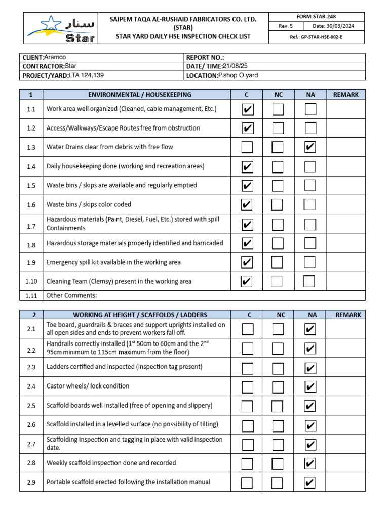 Daily HSE Inspection Checklist Form | PDF | Forklift | Manufactured Goods