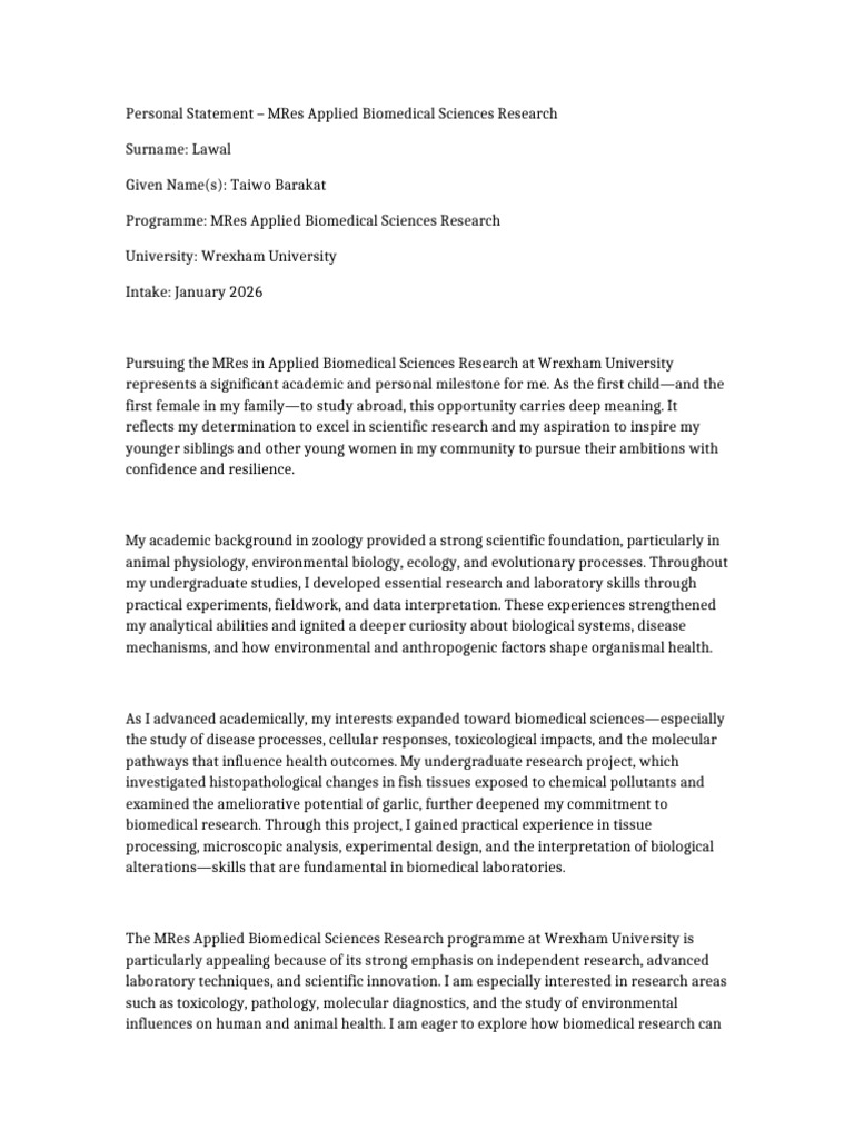 MRes Biomedical Sciences Personal Statement | PDF | Biology | Science