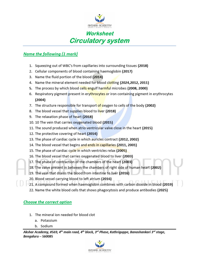 Circulatory System Worksheet for Students | PDF | Heart | Heart Valve