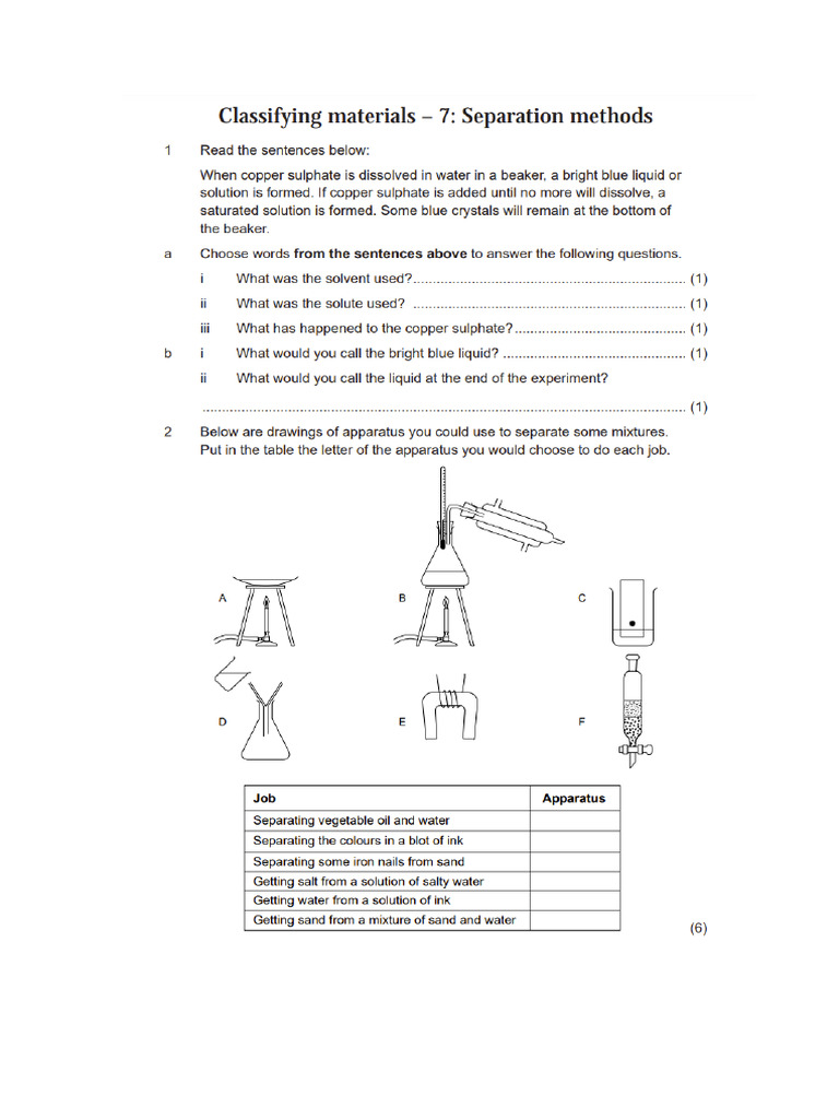 1.1 Separation Techniques Worksheet | PDF