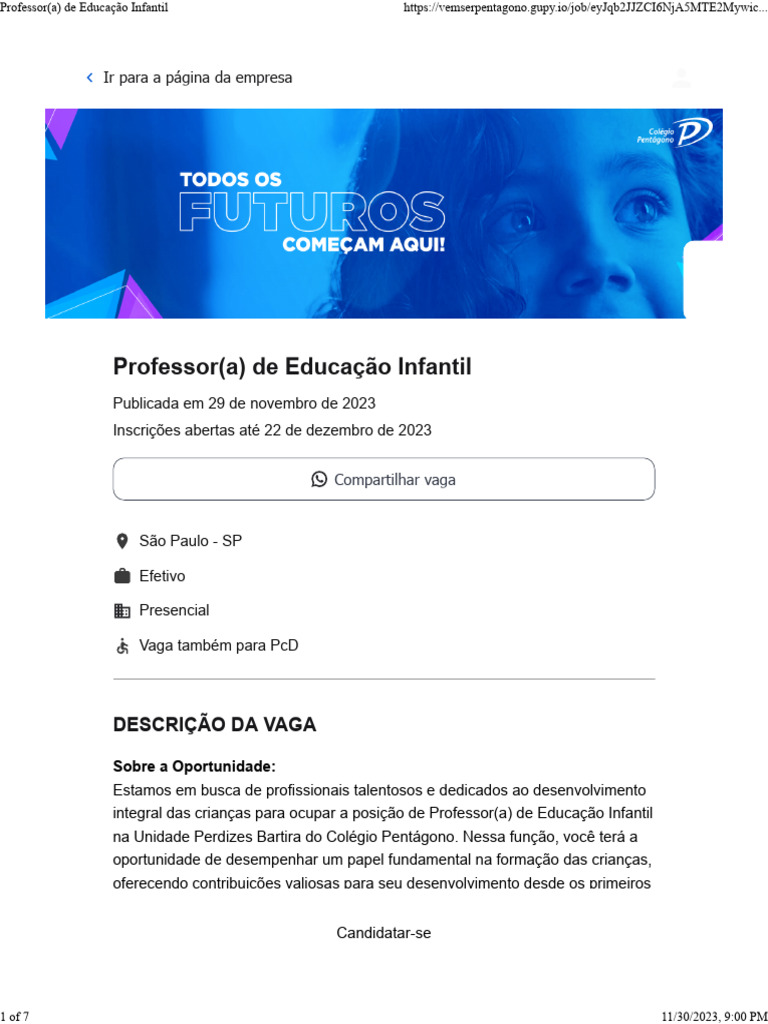 Vaga para Professor(a) de Educação Infantil | PDF | Pedagogia ...
