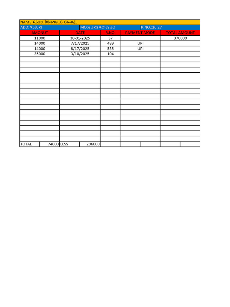 Add: MO: P.NO.:26,27: Name: Amonut Date Payment Mode Total Amount 11000 ...