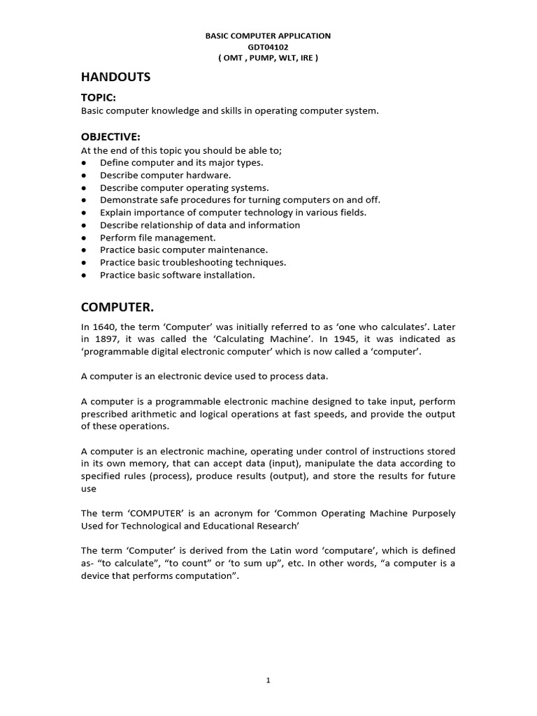 Unit 1 - Computer Knowledge and Skills_115618 | PDF | Computer Data ...