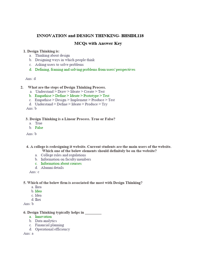 Design Thinking MCQs with Answers | PDF | Design Thinking | Software ...