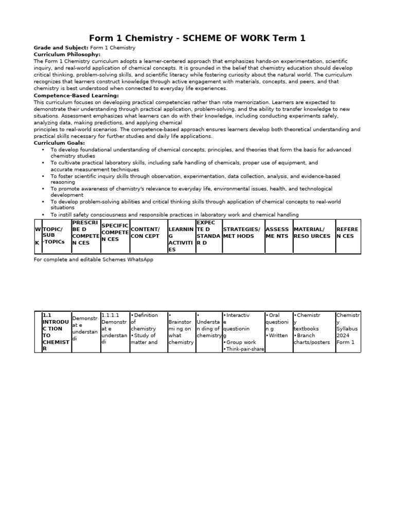 Form 1 Chemistry Scheme of Work | PDF | Knowledge | Curriculum