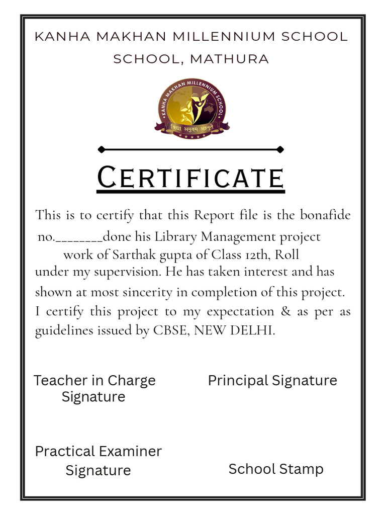 Class 12 Library Project Certificate | PDF