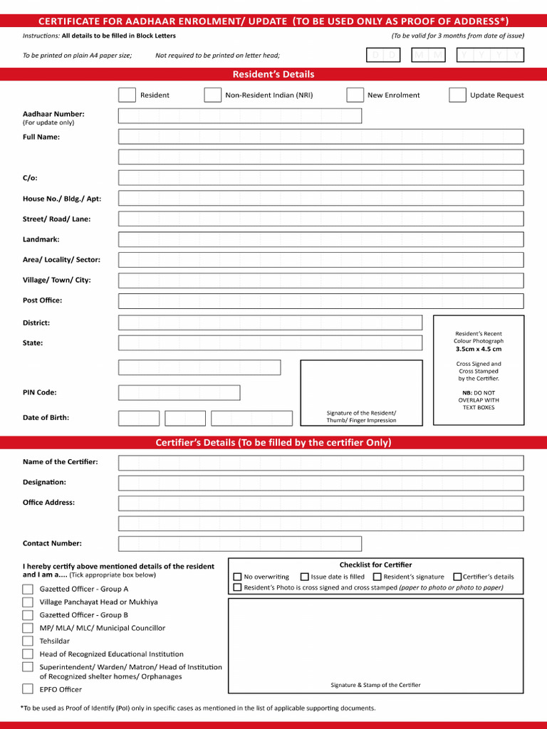 List of Supporting Document For Aadhaar Enrolment and Update-1 | PDF