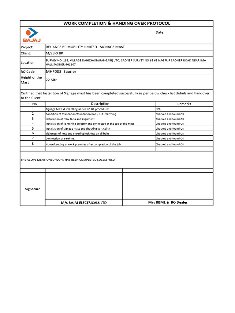 Signage Mast Installation Completion Report | PDF