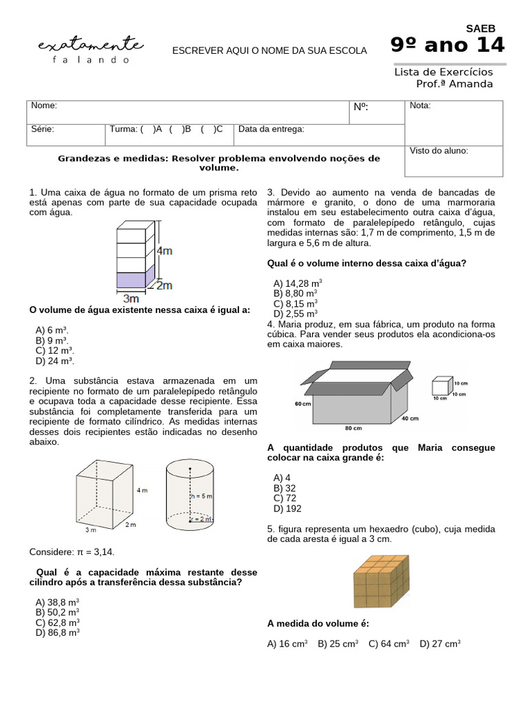 Exercícios de Volume para 9º Ano | PDF | Litro