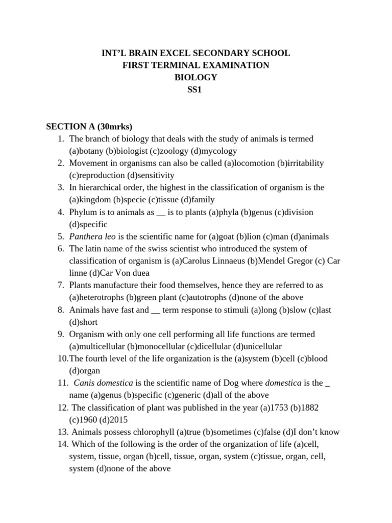 Biology Terminal Exam Questions for SS1-SS3 | PDF | Dominance (Genetics ...