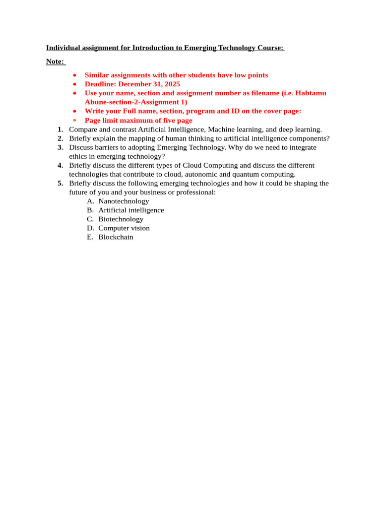 Emerging Technology Assignment Overview | PDF