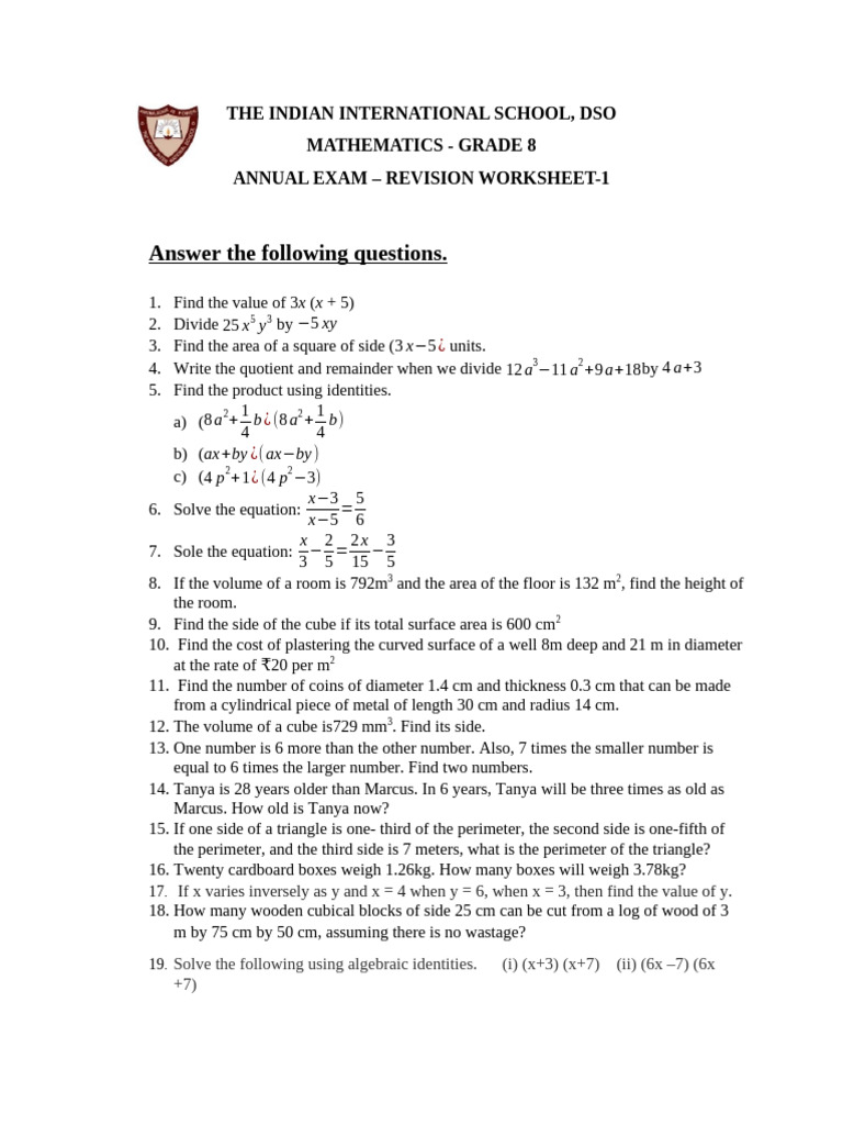 Grade 8 Math Exam Revision Worksheet | PDF | Volume | Mathematics
