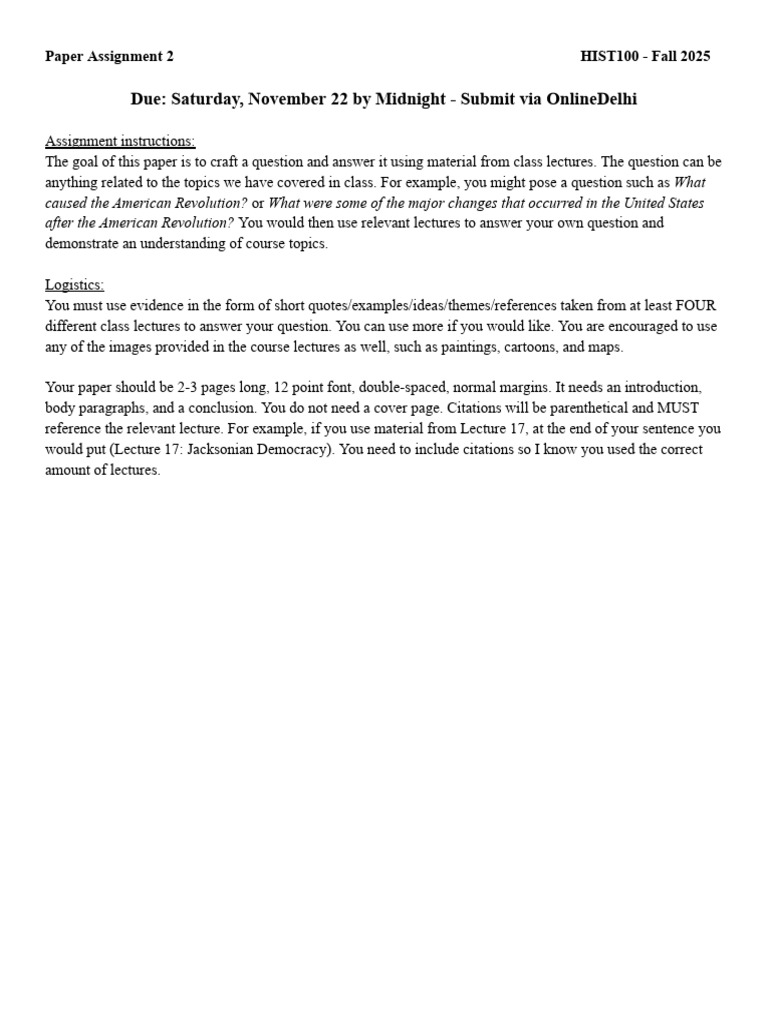 HIST100 Paper Assignment Guidelines | PDF