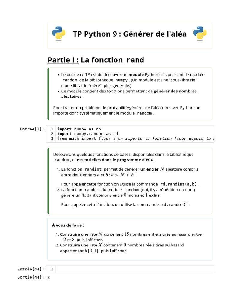 TP Python 9 : Génération d'aléa avec Numpy | PDF