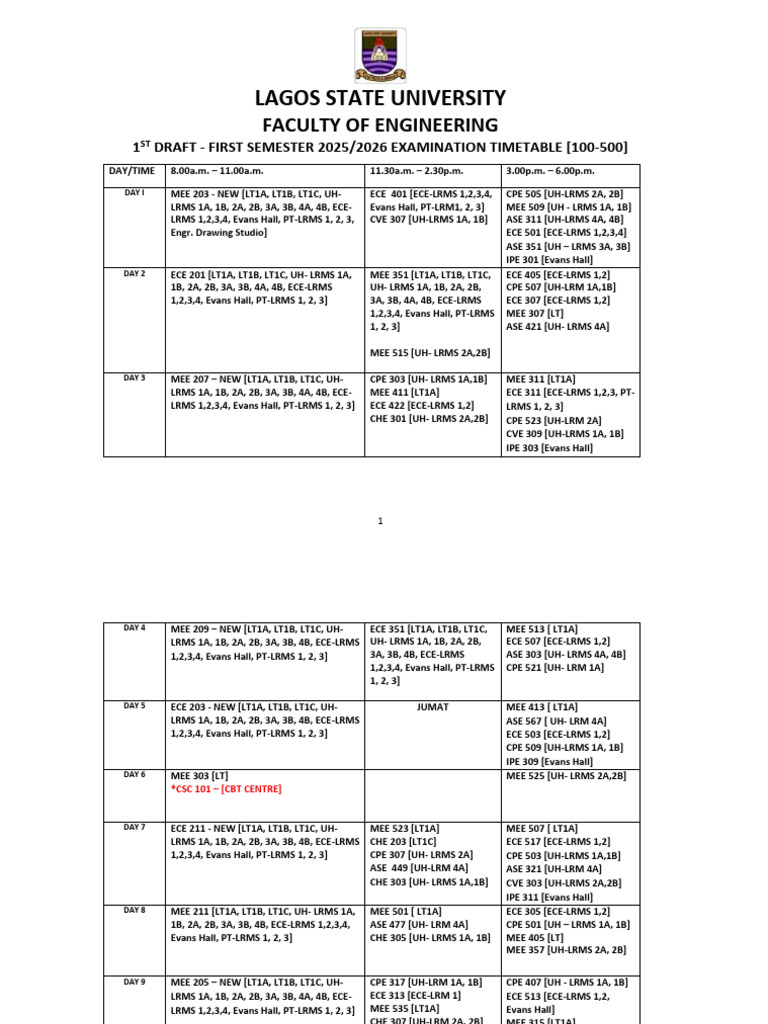 1st Draft Engineering Exam Timetable 20252026 First Semester 19122025 ...