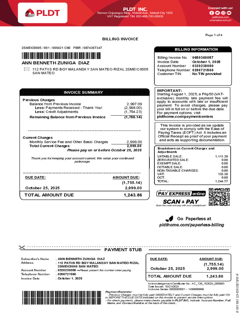 PLDT Billing Invoice Summary for October 2025 | PDF | Payments | Value ...