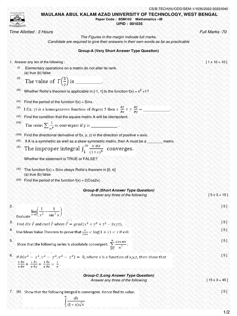 Mathematics I B (BSM102 )_1035_I040 | PDF | Mathematical Objects ...