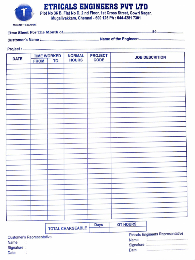 Etricals Engineers Time Sheet Template | PDF