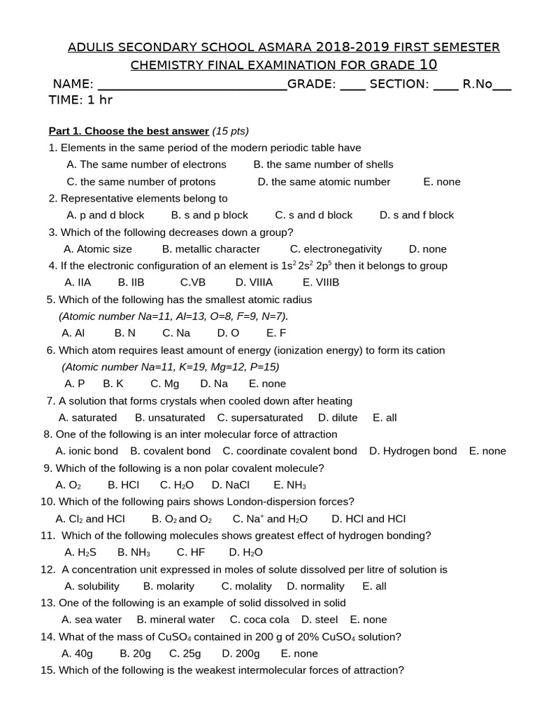 Grade 10 Chemistry Final Exam 2018-2019 | PDF | Chemical Bond ...