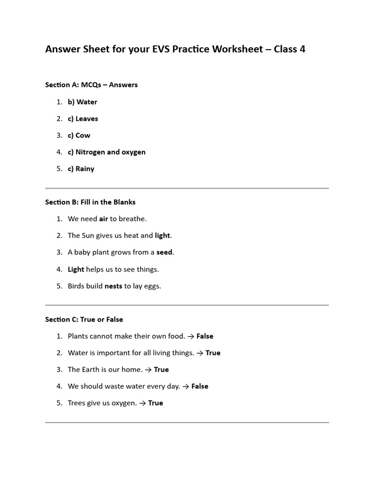 EVS Class 4 Practice Worksheet Answers | PDF