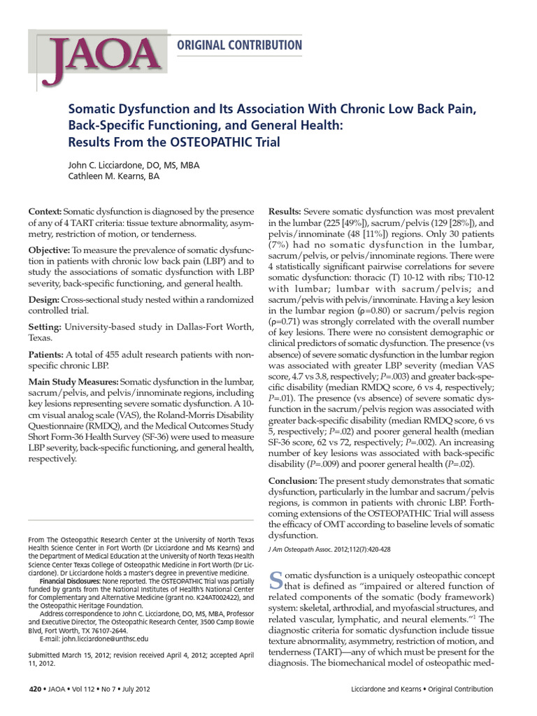 Somatic Dysfunction in Chronic Low Back Pain | PDF | Clinical Medicine ...