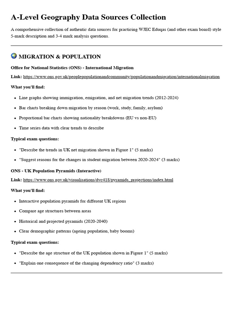 A-Level Geography Data Sources Guide | PDF | Climate | Urbanization