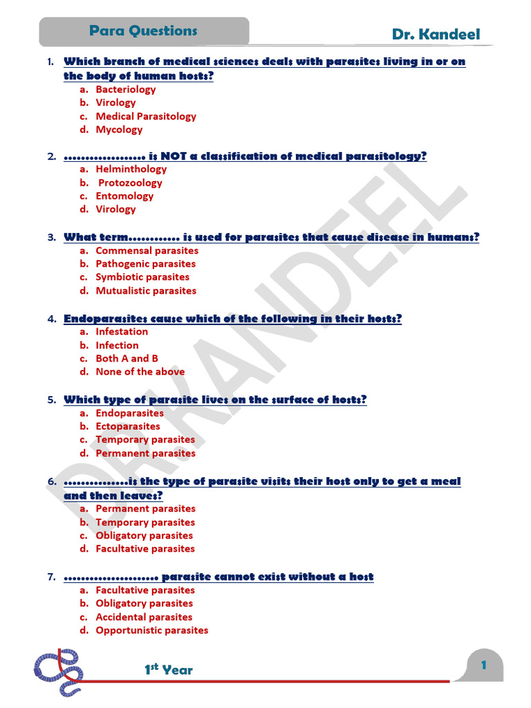 Questions On para - Infection | PDF | Parasitism | Protozoa