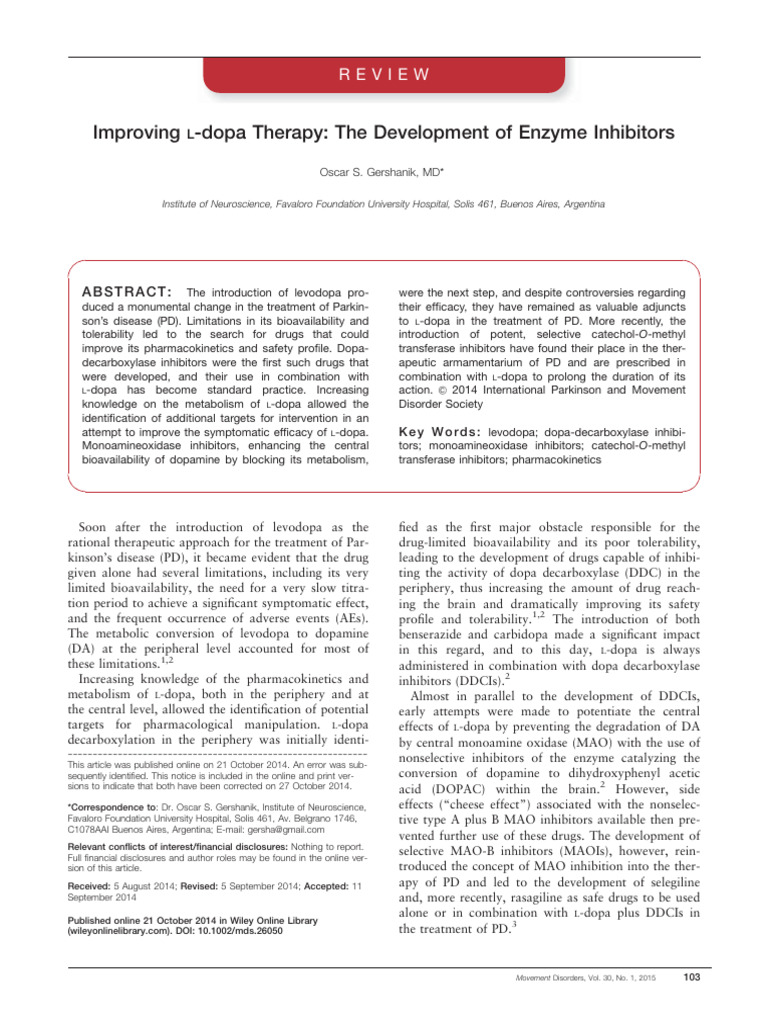 Gershanik 2015 Movement Disorders | PDF | Enzyme Inhibitor | Medicinal ...