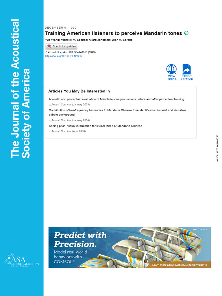 Training Americans to Perceive Mandarin Tones | PDF | Tone (Linguistics ...