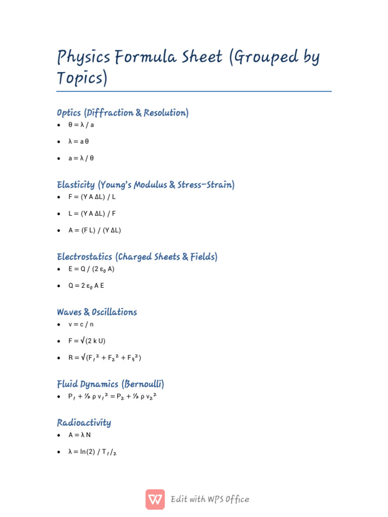 Comprehensive Physics Formula Sheet | PDF