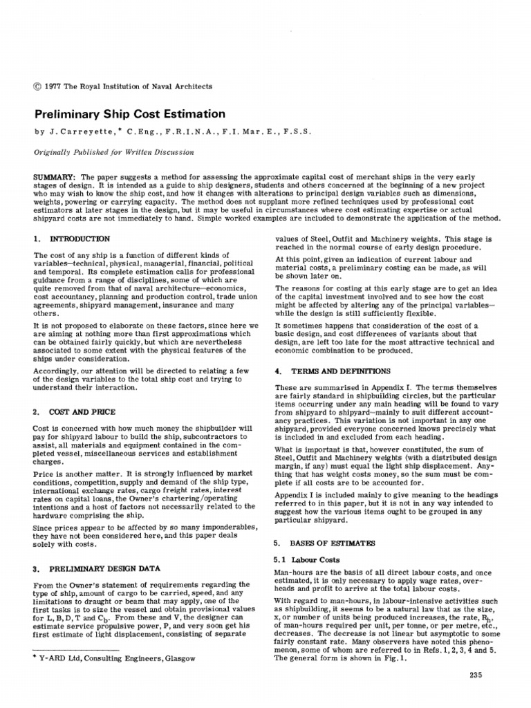 Preliminary Ship Cost Estimation Carreyette 1977 | PDF
