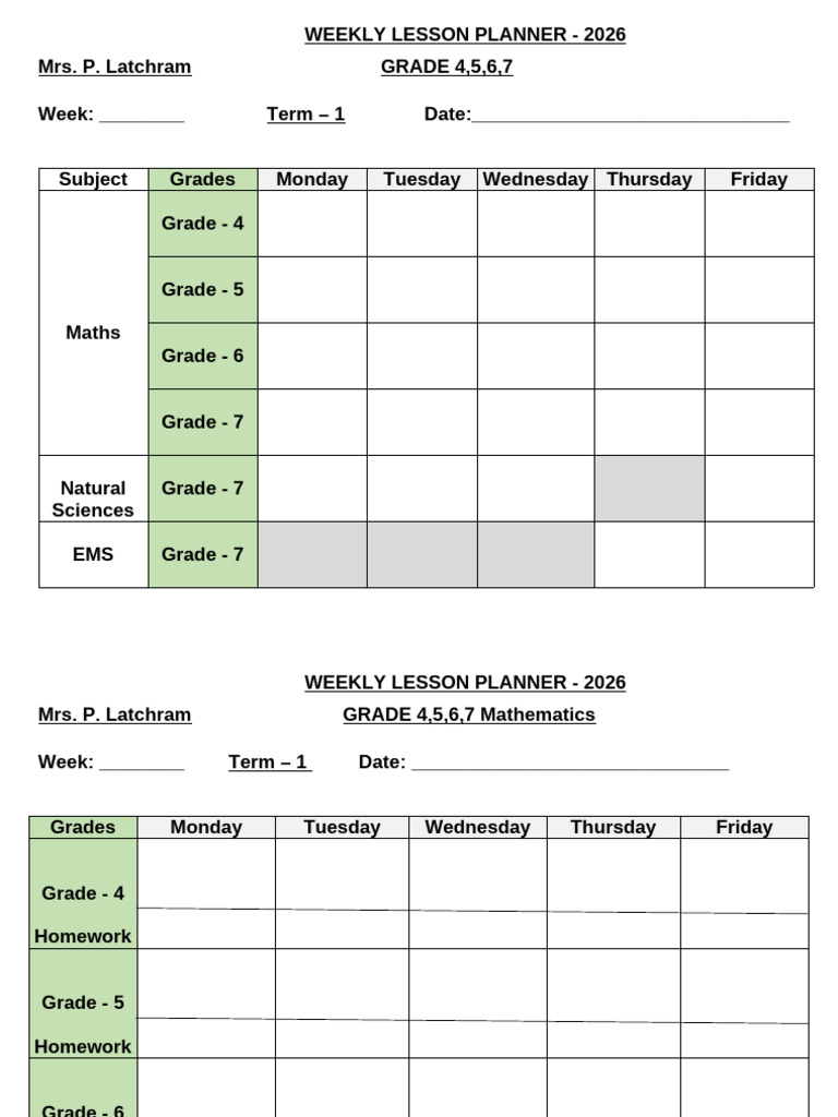 Weekly Lesson Planner for Grades 4-7 | PDF