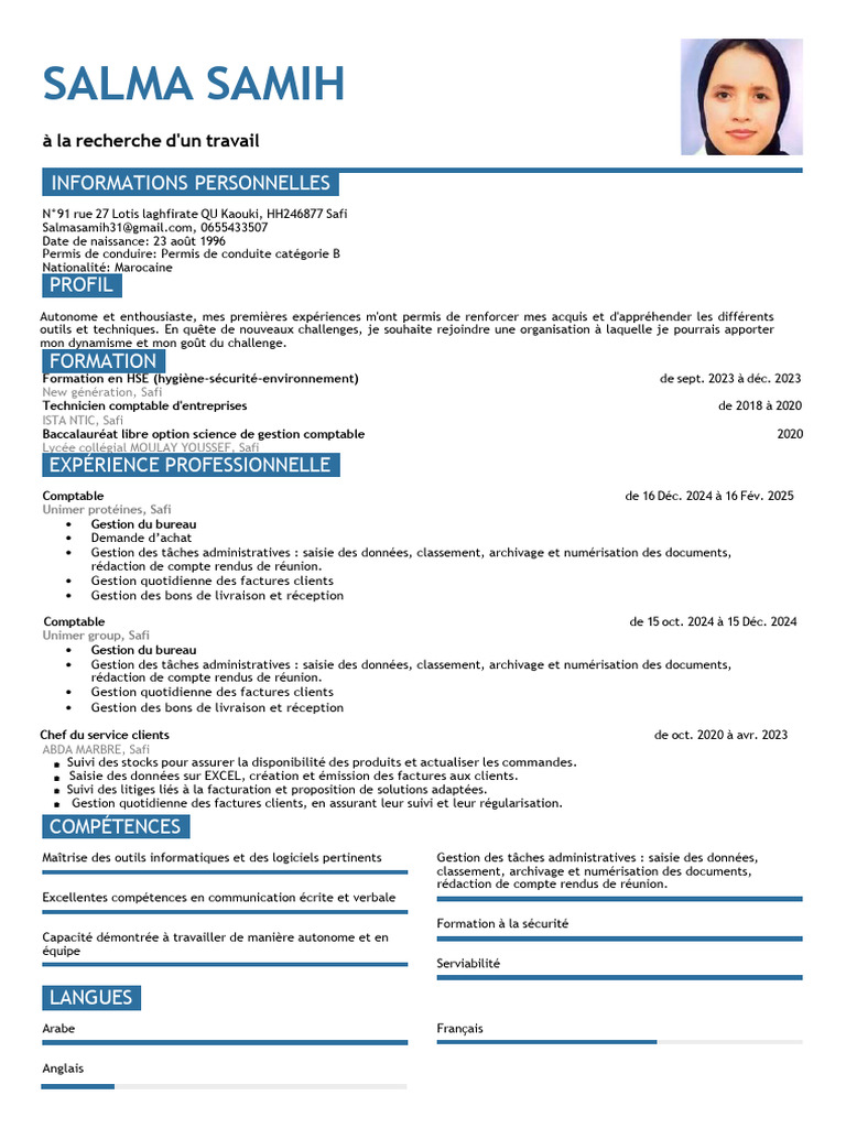 CV de Salma Samih - Comptable et HSE | PDF | Informatique | Informatique
