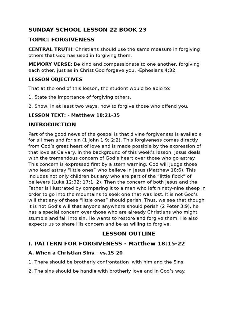 Sunday School Lesson on Forgiveness | PDF | Jesus | Forgiveness