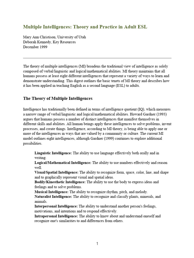 Multiple Intelligences in Adult ESL Teaching | PDF