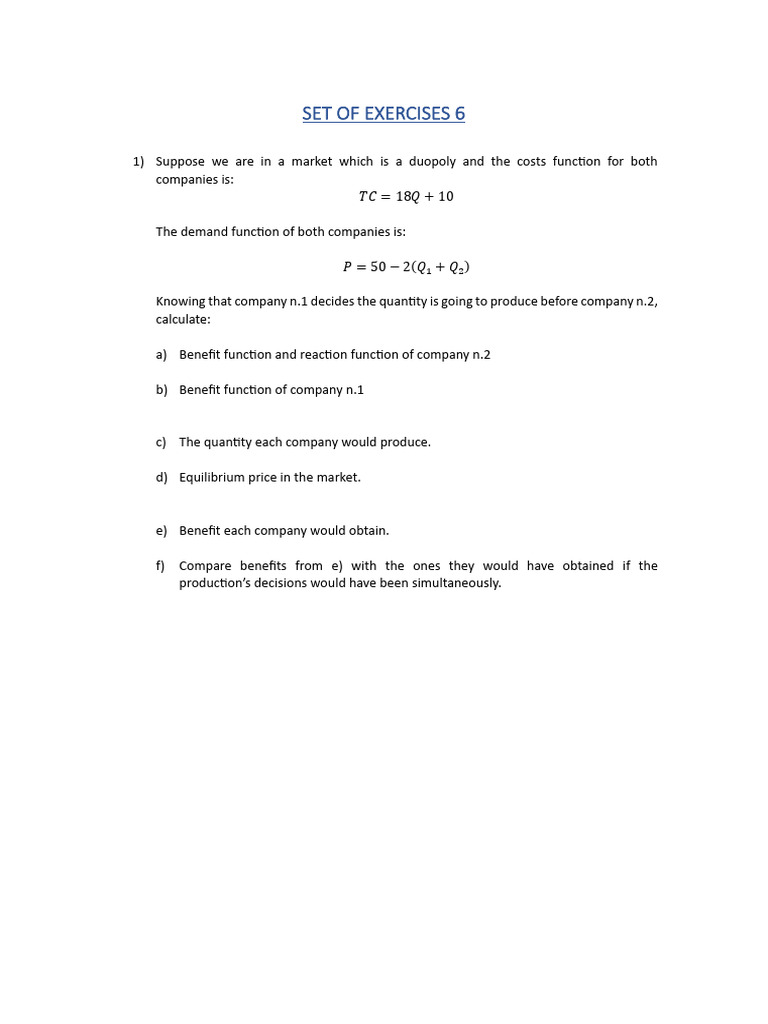 Duopoly Market Exercise Set | PDF