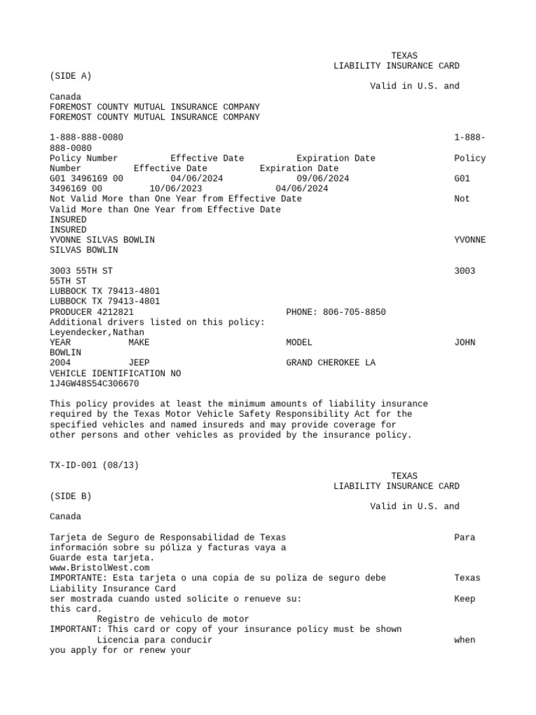 Texas Liability Insurance Card Details | PDF | Insurance | Financial ...