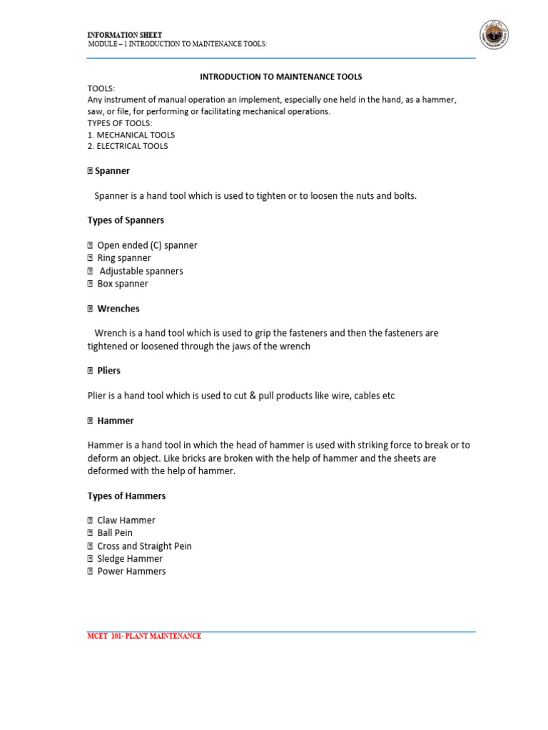 Introduction to Maintenance Tools Guide | PDF | Drill | Steel
