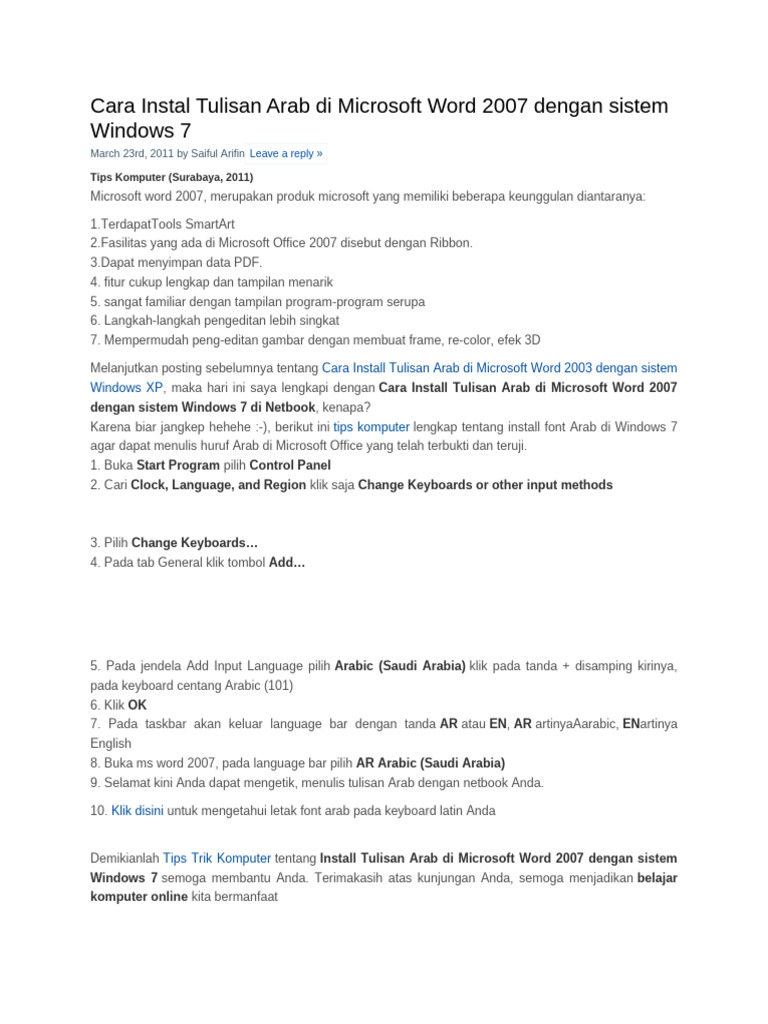Instalasi Tulisan Arab di Word 2007 | PDF